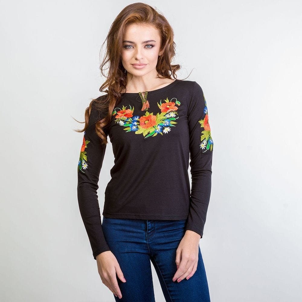 Sizes S,M,L. Women's Folk Black Blouse - Boho Embroidered Tee - Casual Fashion Top - Elegant Women's T-Shirt - Stylish Black Shirt