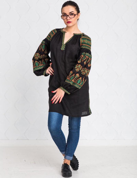 Size M! Elegant folklore embroidered tunic, black linen bohemian outfit, traditional ethnic fashion, Ukrainian vyshyvanka, stylish boho chic top