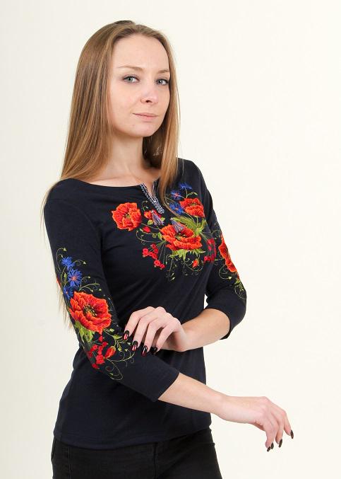Size S. Navy Bohemian Embroidered Blouse - Ukrainian Vyshyvanka with Poppy Flowers