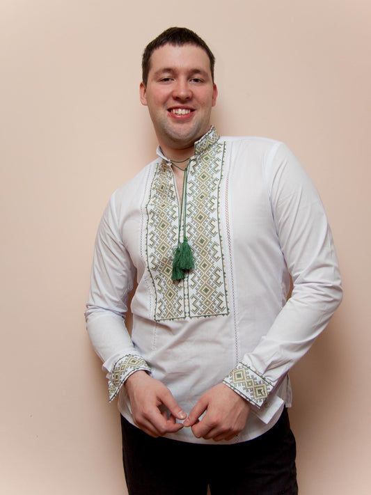 Size XS! White Men's Ukrainian Embroidered Shirt – Long Sleeve Vyshyvanka with Green Geometric Pattern and Tassels