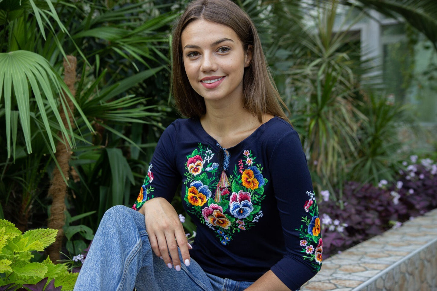 Sizes S-XXL. Navy Blue Floral Embroidered Blouse – Botanical Folk Long Sleeve Top