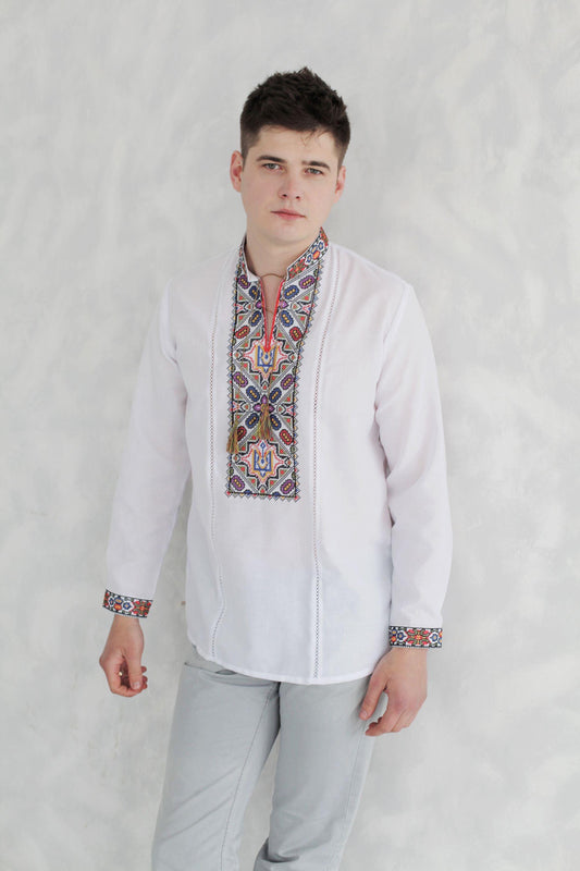 Size XS! Men's Traditional Vyshyvanka - White Ukrainian Embroidered Shirt with Colorful Folk Patterns