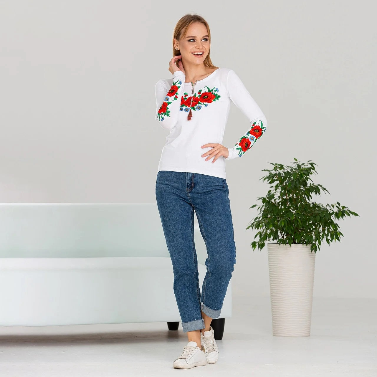 Sizes M,XL,XXL. White Floral Embroidered T-Shirt – Bohemian Ukrainian Blouse with Poppy and Mexican Botanical Folk Design