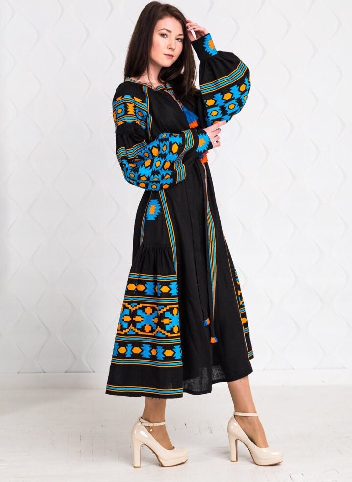 Size 2US//34EU//XS! Bohemian Embroidered Black Maxi Dress – Ukrainian Folk Long Sleeve Gown with Geometric Pattern and Tassel Detail, Handmade Ethnic Fashion