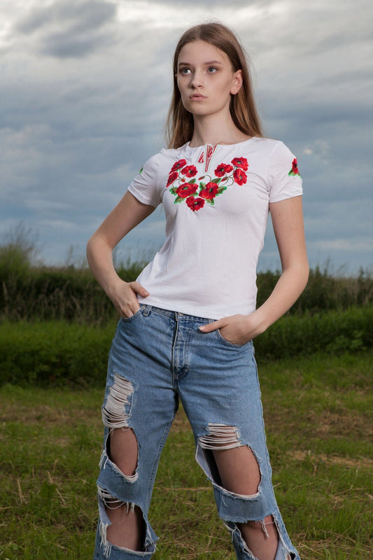 Size S. White Shirt with Flowers. Boho Embroidered Blouse. Ukrainian Vyshyvanka. White and Red Women's T-Shirt. Gift for Mom. Handmade Vishivanka