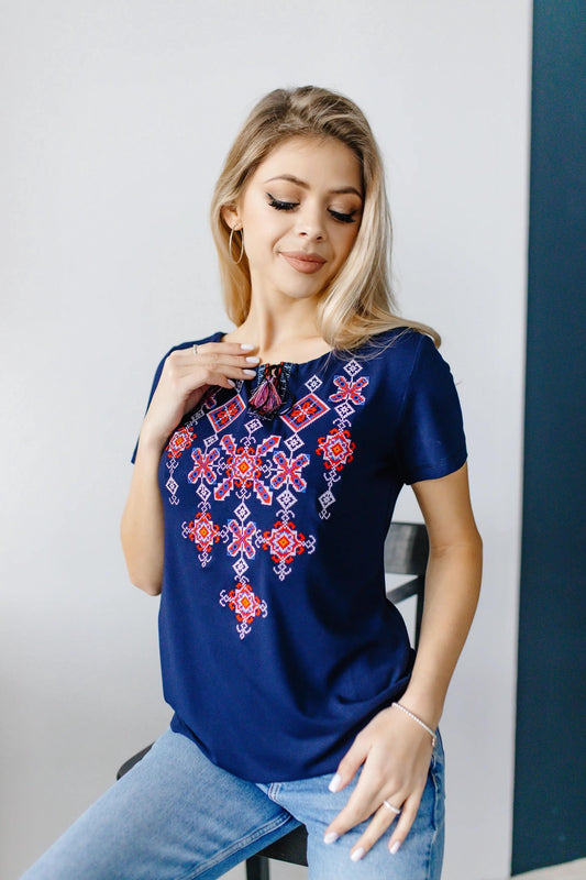Sizes S-4XL. Navy Blue Embroidered Boho Tee. Ukrainian Vyshyvanka Shirt. Folk Ethnic T-Shirt. Traditional Slavic Top. Mexican Hippie Chic Blouse