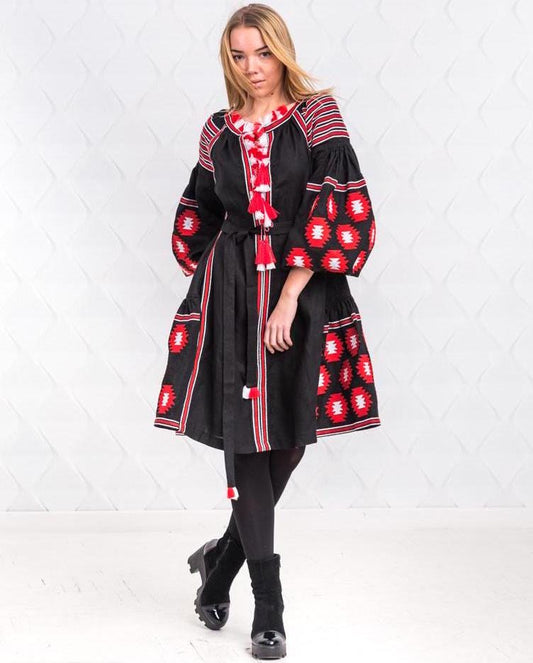 Size 4US/36EU! Red Echo – Black Ethnic Dress with Bold Ukrainian Embroidery - Vyshyvanka Kaftan - Ethnic Folk Chic Abaya