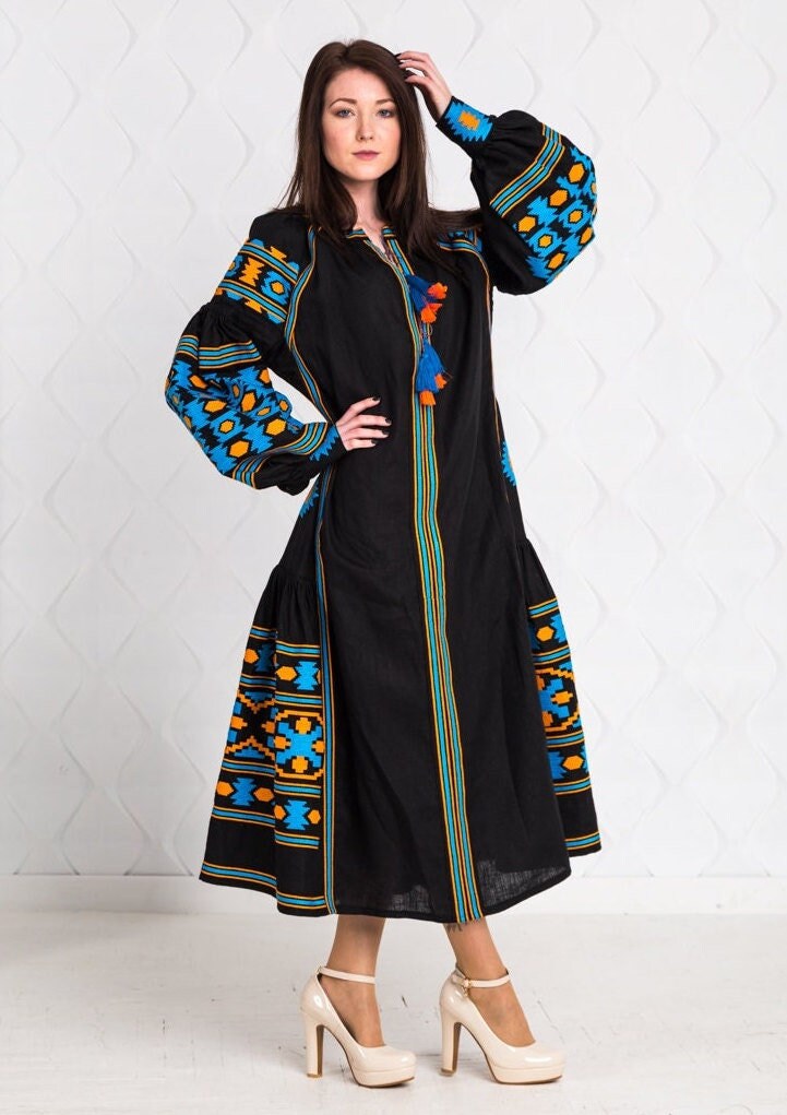 Size 2US//34EU//XS! Bohemian Embroidered Black Maxi Dress – Ukrainian Folk Long Sleeve Gown with Geometric Pattern and Tassel Detail, Handmade Ethnic Fashion