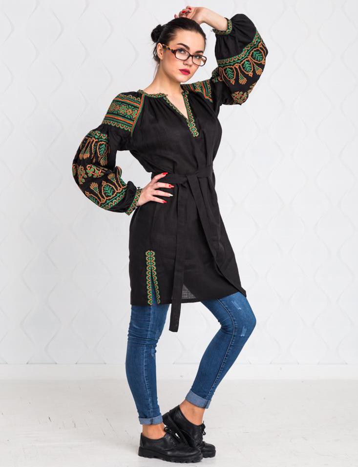 Size M! Elegant folklore embroidered tunic, black linen bohemian outfit, traditional ethnic fashion, Ukrainian vyshyvanka, stylish boho chic top