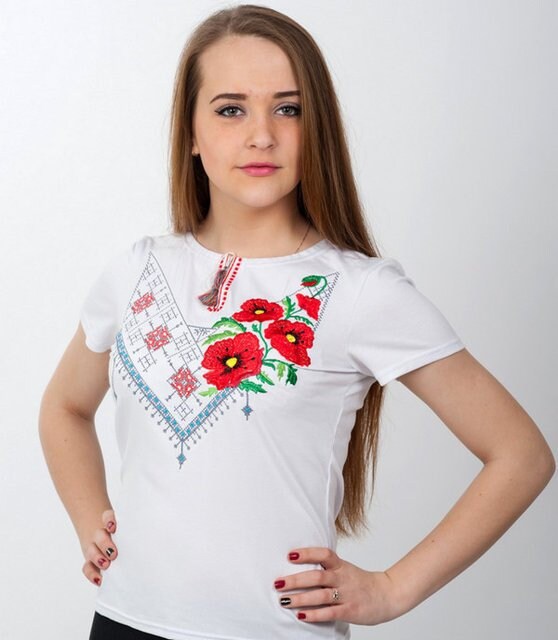Sizes S,XL. White Embroidered Tee with Triangle Folk Roses - Ukrainian Boho T-Shirt