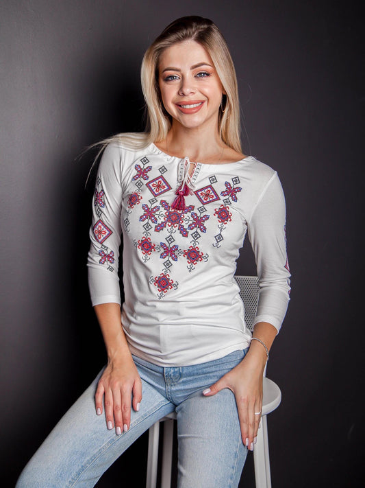 Sizes S-4XL. White Folk Blouse with Geometric Embroidery - Ukrainian Traditional Shirt
