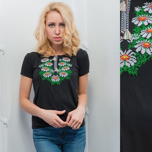 Sizes S,XL. Black T-shirt with Embroidered Daisies - Ukrainian Botanical Tee