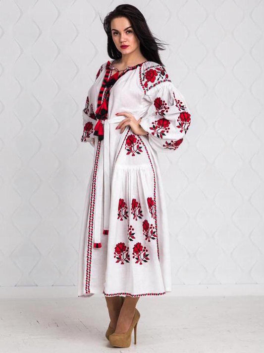 Size 8US/M! White Embroidered Maxi Dress - Bohemian Ukrainian Vyshyvanka - Traditional Folk Linen Gown