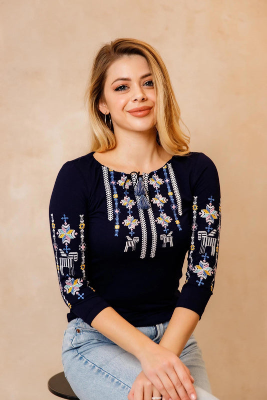 Sizes S-4XL. Bohemian Folklore Navy Top with Intricate Embroidery - Mexican Folk Fashion T-shirt