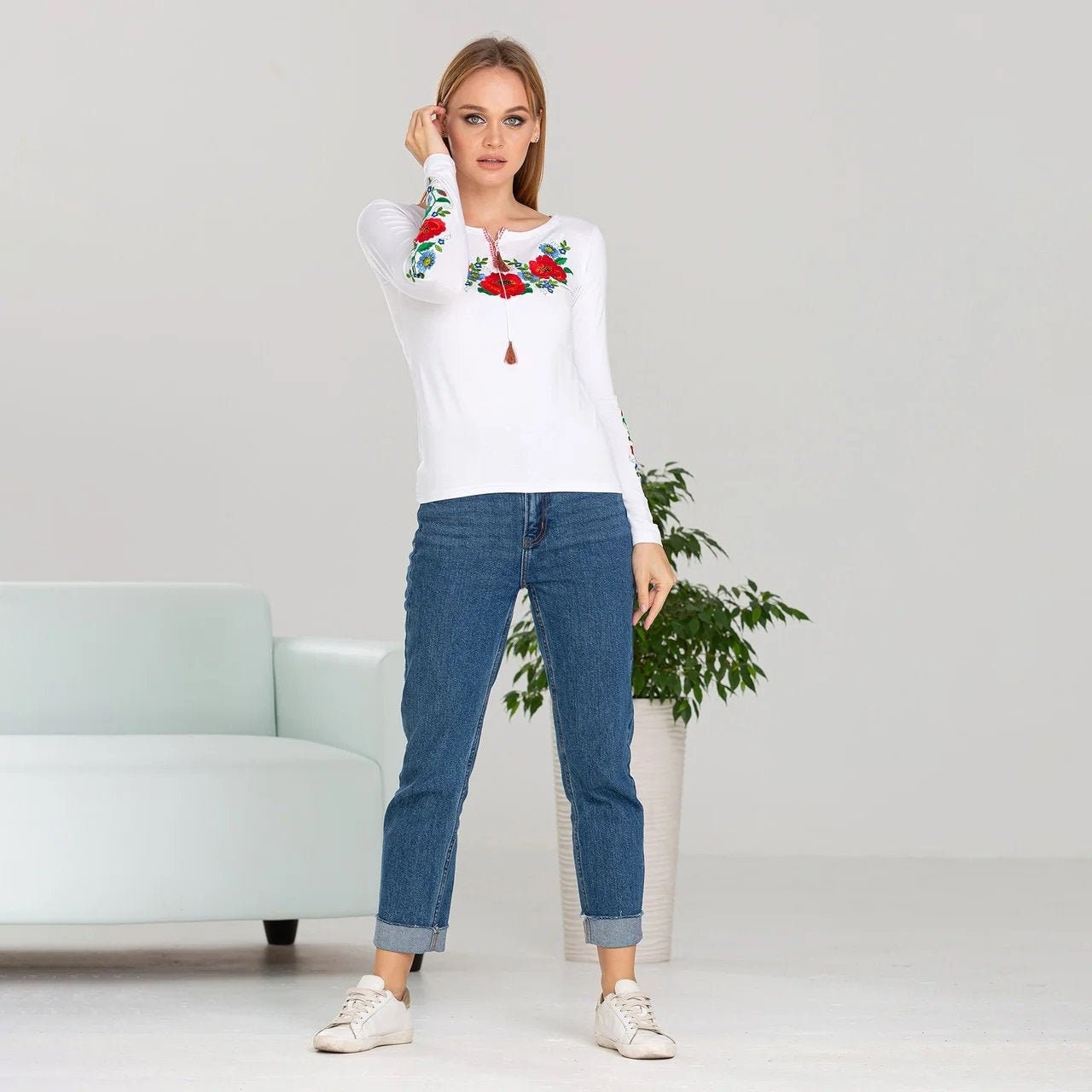 Sizes L-XXL. White Blouse with Red Poppy and Cornflower Embroidery - Folk Long Sleeve Top