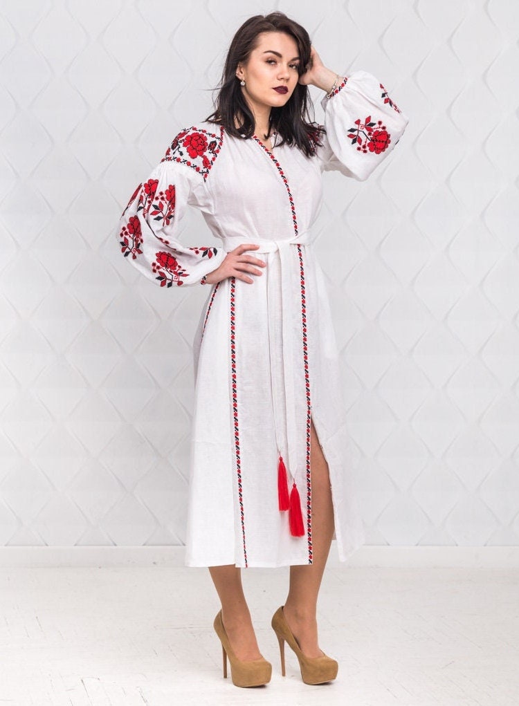 Size 6US/38EU! White Linen Embroidered Dress – Ukrainian Boho Folk Long Sleeve Dress with Red Floral Motif