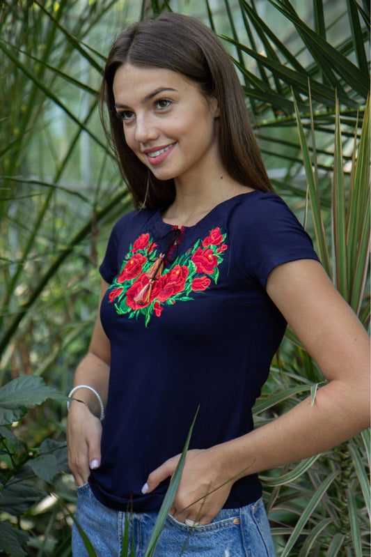 Sizes S-XL. Blue Tee with Polish Folk Embroidery. Highlander Blouse with Floral Design. Ukrainian Tee. Mexican Folklore Top. Mother's Day Gift