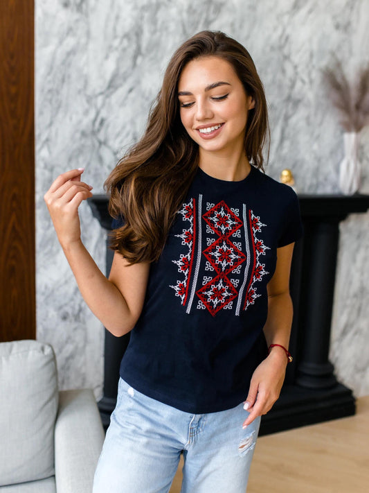 Size S. Slavic Embroidered Top - Navy Blue Embroidered T-Shirt