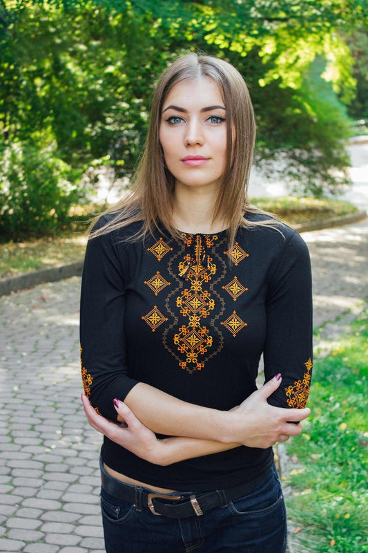 Size S. Black Women's Embroidered Blouse. Ethnic Top with Orange Embroidery. Vegan T-Shirt. Custom Valentine's Day Gift. Unique Boho Folk Tee
