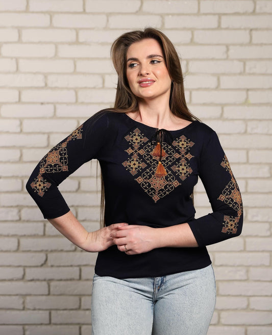 Sizes M-4XL. Navy Blue Embroidered Boho Blouse with Rust & Gold Geometric Motif – Ukrainian Folk Cross Stitch Top with 3/4 Sleeves & Tassel Accent