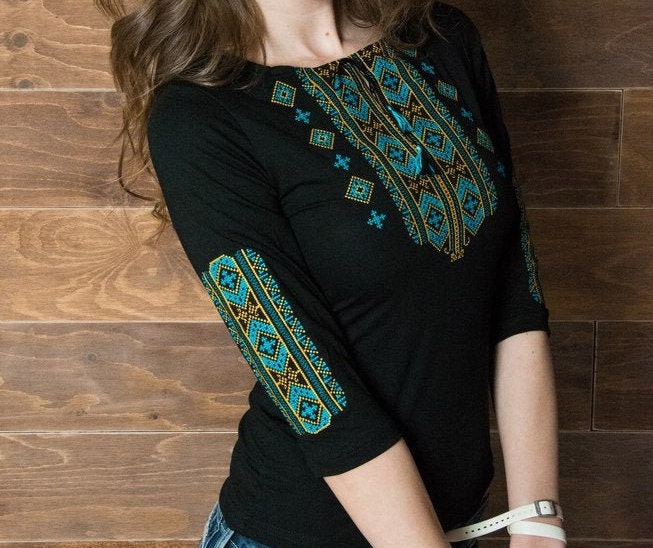 Sizes L-5XL. Women's Black Top. Gift for Mom or Wife. Black Embroidered T-Shirt. Boho Slavic Shirt. Ethnic Czech Blouse. Ornament Tee. Hippie Huipil