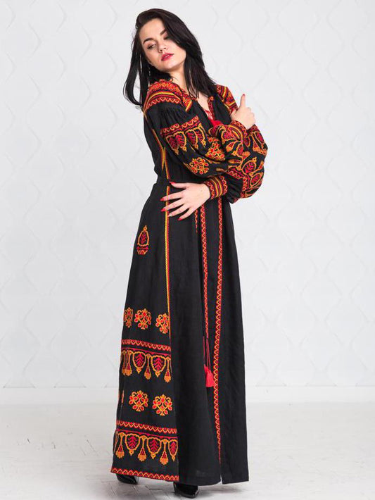 Size 8US/S! Bohemian Lux Wrap. Folk Nouveau Abaya. Chic Nationale Caftan. Embroidered Ukrainian Dress. Fashion Vyshyvanka Style. Black Boho Dress