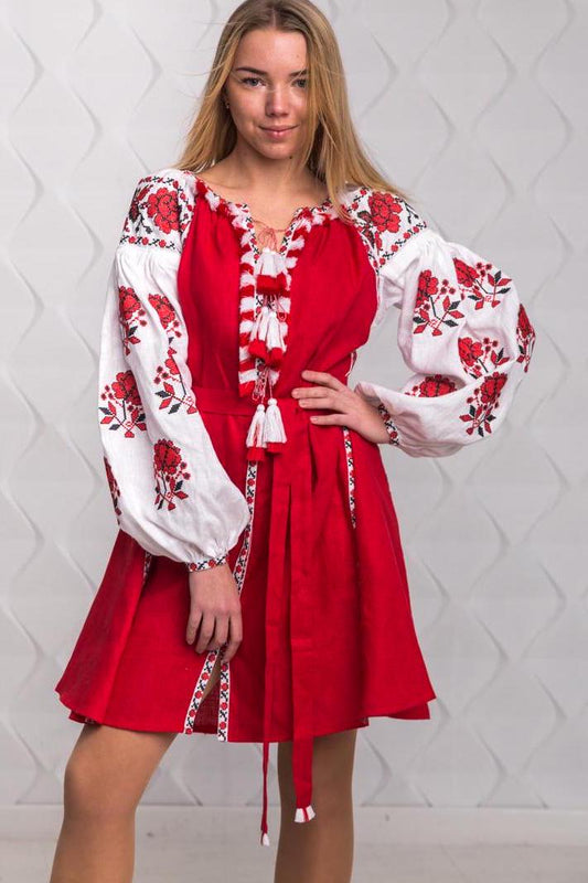 Size 4US! Red Floral Embroidered Linen Dress - Ukrainian Folk Vyshyvanka
