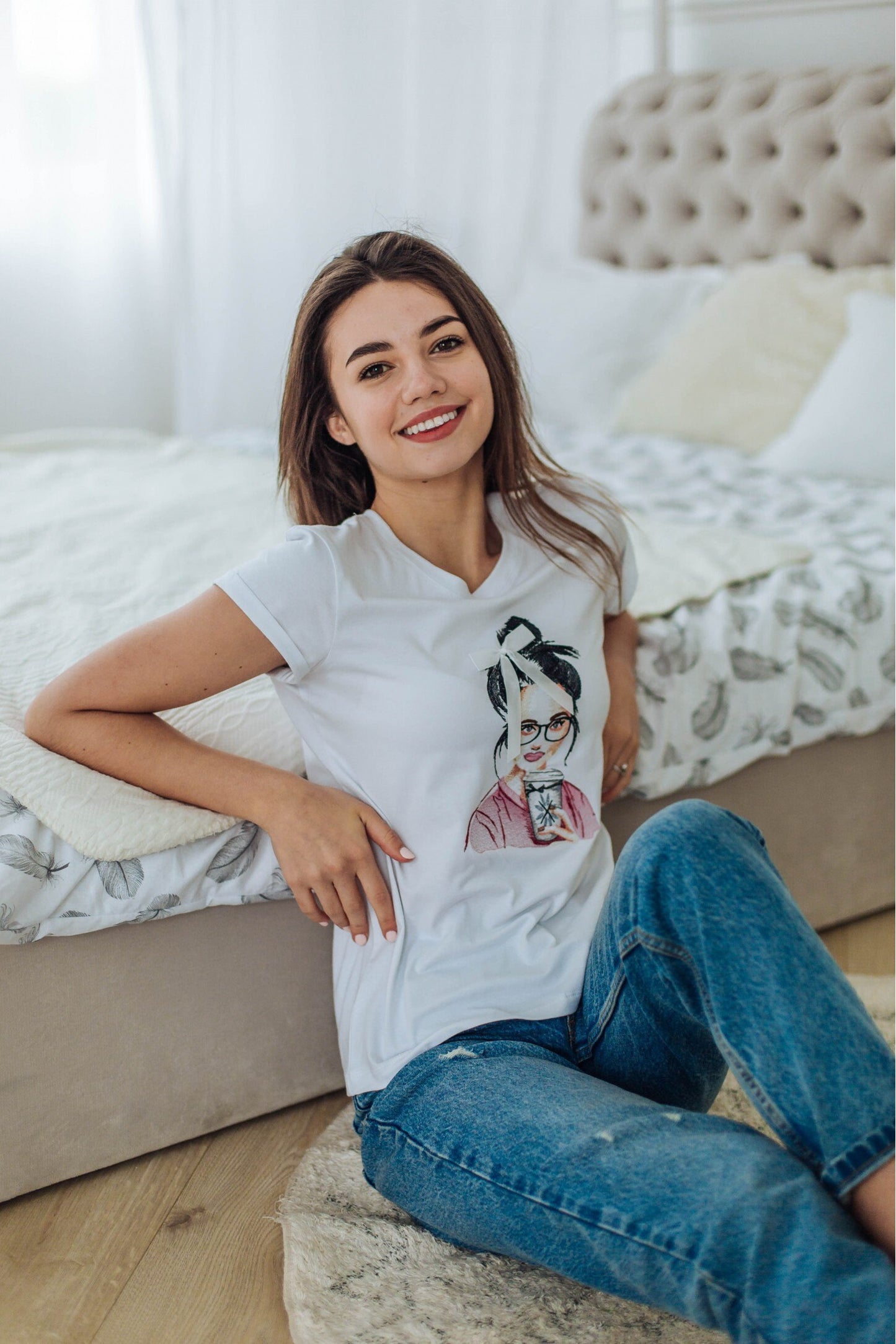 Sizes L,XXL. Casual Cute T-Shirt - White T-shirt with embroidered coffee girl illustration and bow