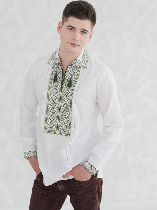 Size M! White Folklore Shirt with Green Geometric Embroidery - Men's Embroidered Ukrainian Shirt