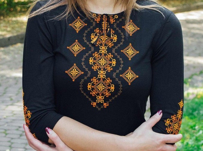 Size S. Black Women's Embroidered Blouse. Ethnic Top with Orange Embroidery. Vegan T-Shirt. Custom Valentine's Day Gift. Unique Boho Folk Tee
