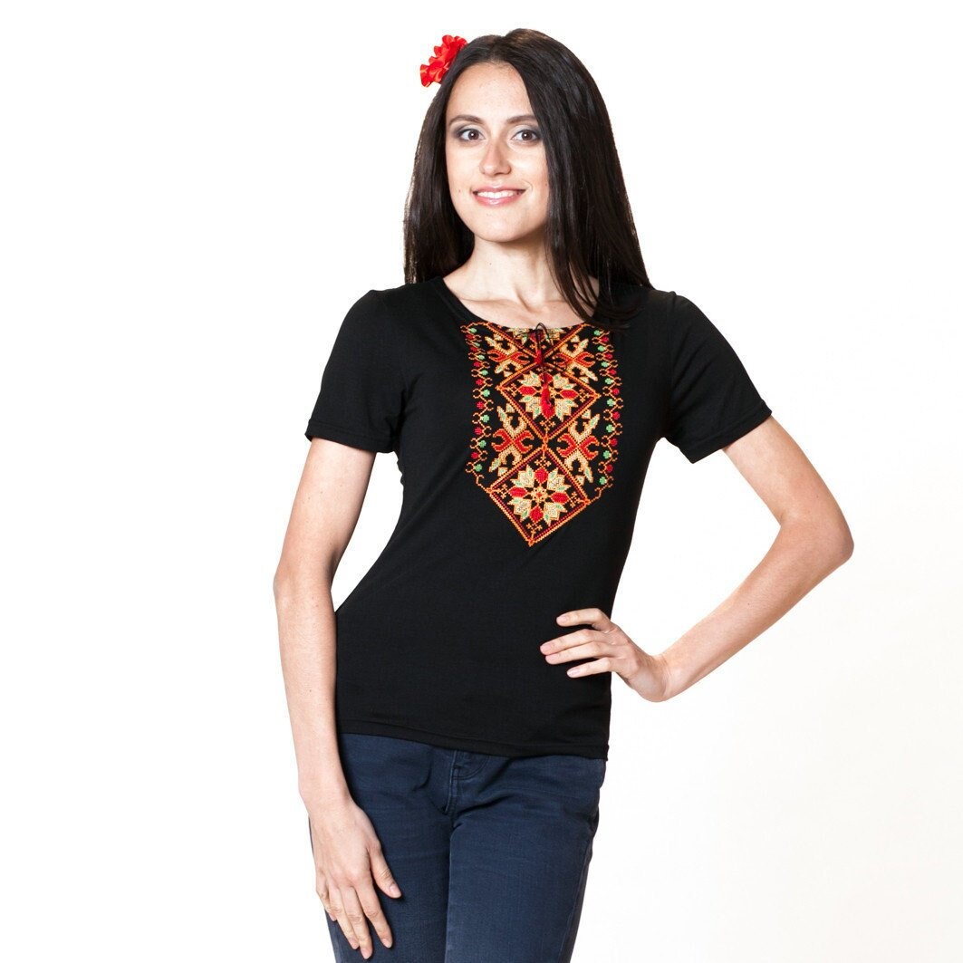 Size S. Black Embroidered Boho Tee. Women's T-Shirts. Anniversary Gift. Short Sleeve Embroidered Top. Bachelorette Gift. Ukrainian Folk Tshirt
