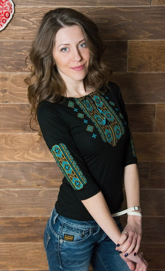 Sizes L-5XL. Women's Black Top. Gift for Mom or Wife. Black Embroidered T-Shirt. Boho Slavic Shirt. Ethnic Czech Blouse. Ornament Tee. Hippie Huipil