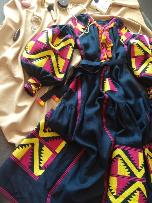 Size 4US/S! Bohemian Maxi Embroidered Dress – Black Ukrainian Folk Dress with Bold Pink and Yellow Geometric Embroidery and Tassel Accents