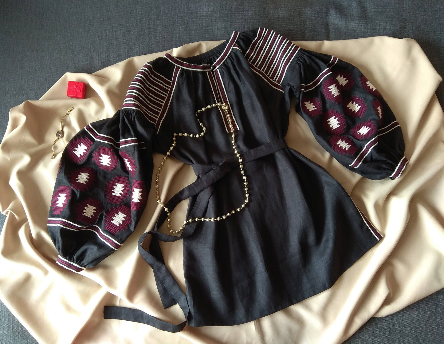 Size 6US/S. Black Linen Shirt - Boho Blouse - Folk Embroidered Top - Luxurious Mexican Top