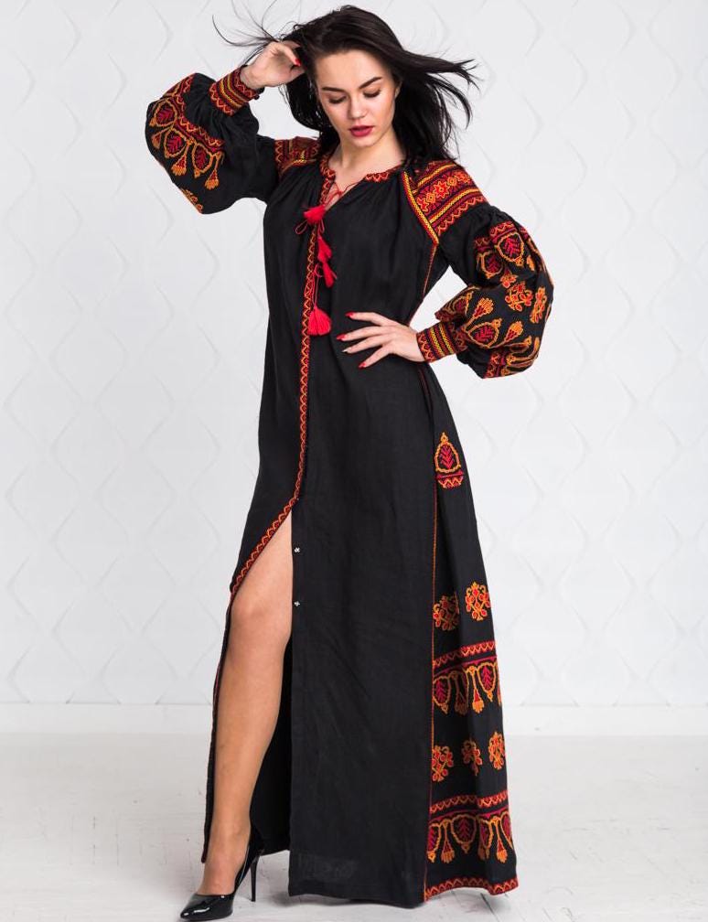 Size 8US/S! Bohemian Lux Wrap. Folk Nouveau Abaya. Chic Nationale Caftan. Embroidered Ukrainian Dress. Fashion Vyshyvanka Style. Black Boho Dress