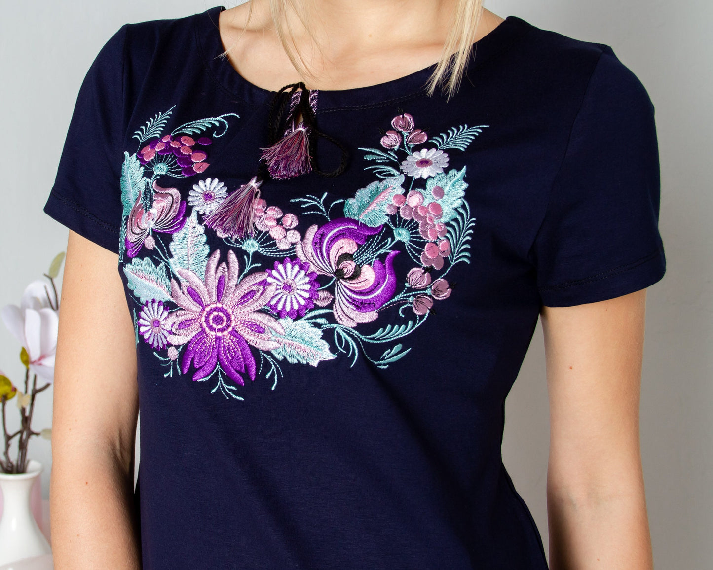 Sizes M-4XL. Dark Blue Floral Women's T-Shirt. Hand-Embroidered Flowers Tee. Navy Boho Botanical Shirt. Mexican Folk Embroidery. Gift for Her