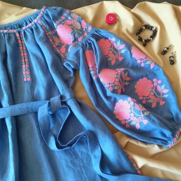 Size XS. Blue Women's Embroidered Top. Ukrainian Vyshyvanka Shirt. Mexican Blouse. Elegant Abaya Caftan. Light Spring Style. Boho Chic Ethno Look
