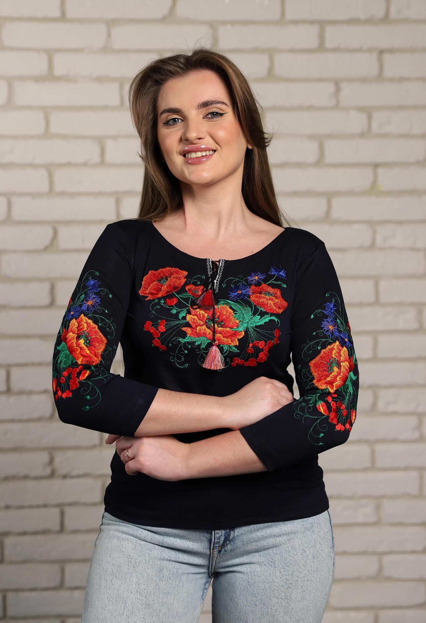 Size S. Navy Bohemian Embroidered Blouse - Ukrainian Vyshyvanka with Poppy Flowers