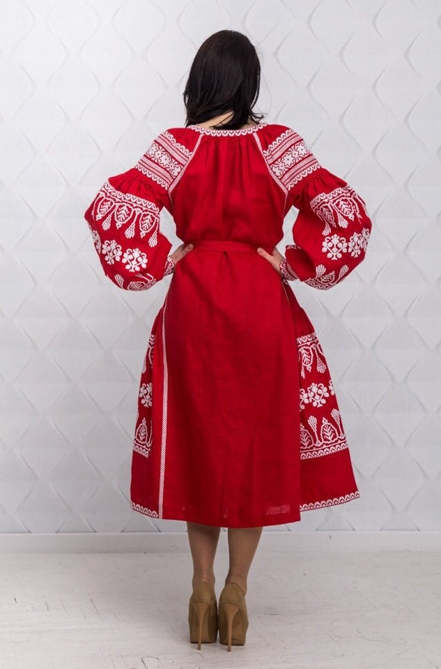 Size 6US! Embroidered Red Midi Dress - Ukrainian White Embroidery Boho Dress - Chic Stylish Midi Outfit