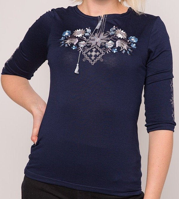 Sizes S-5XL. Traditional Navy Vyshyvanka Top. Folk Ukrainian Embroidered T-Shirt. National Tee with Embroidery. Blue and Grey Boho Shirt. Mexican Top