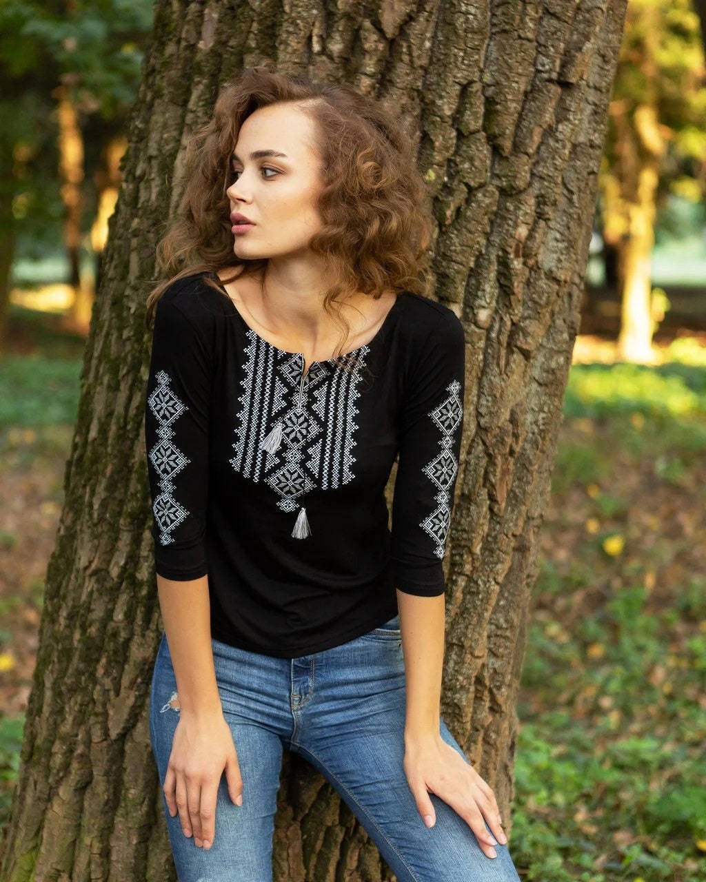 Sizes S-3XL. Black Folk Embroidered Blouse – Minimalist Ukrainian Cross-Stitch Elegance