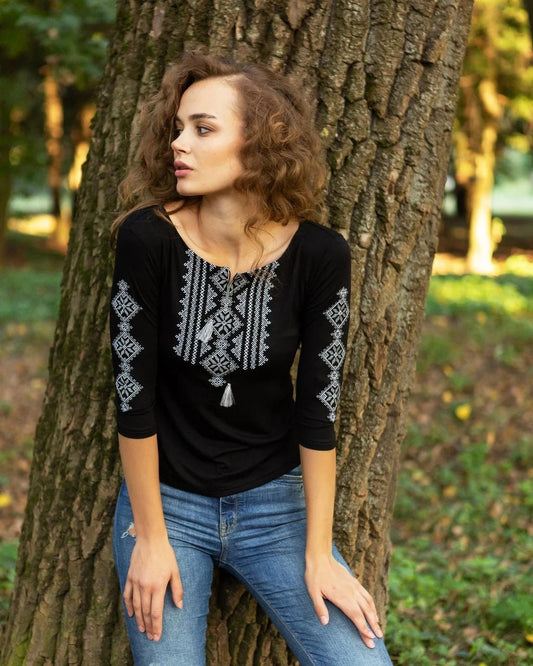 Sizes S-3XL. Black Folk Embroidered Blouse – Minimalist Ukrainian Cross-Stitch Elegance