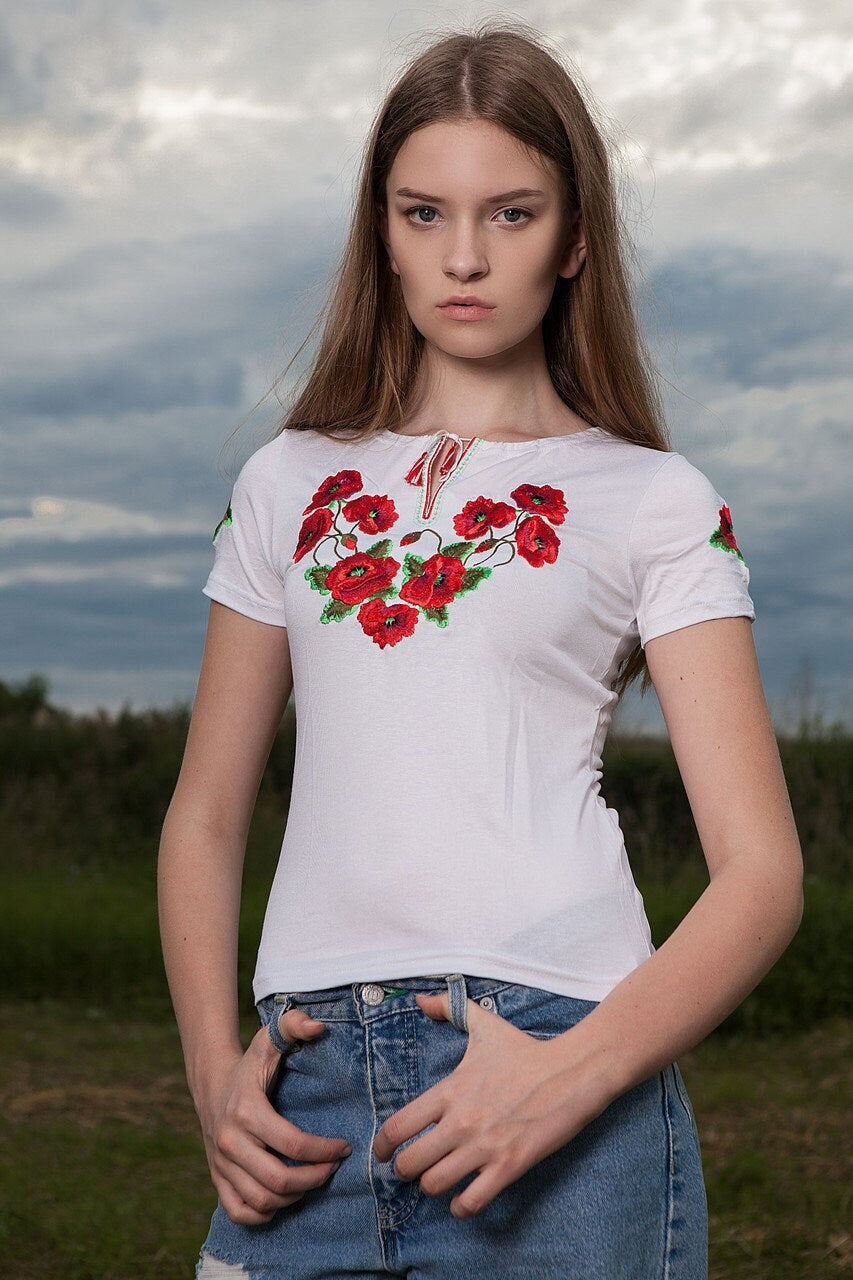Size S. White Shirt with Flowers. Boho Embroidered Blouse. Ukrainian Vyshyvanka. White and Red Women's T-Shirt. Gift for Mom. Handmade Vishivanka