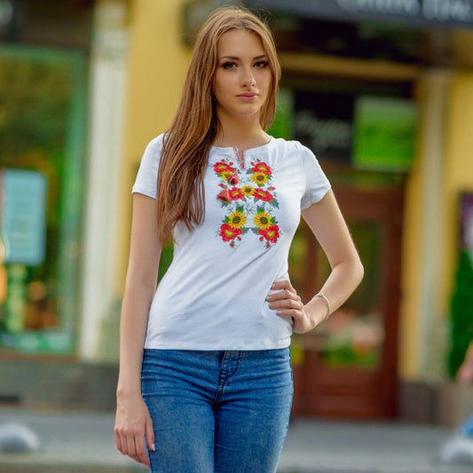 Sizes S,XL,XXL. White T-Shirt with Floral Embroidery - Mexican Sunflower Blouse
