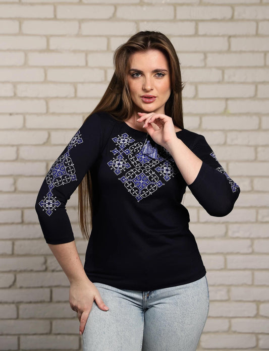 Sizes S,M. Mexican Navy Shirt. Abstract Embroidered Blouse. Royal Blue Peasant Top. Slavic Fiesta Tee. Boho Chic Folk T-Shirt. Quarter Sleeve Top