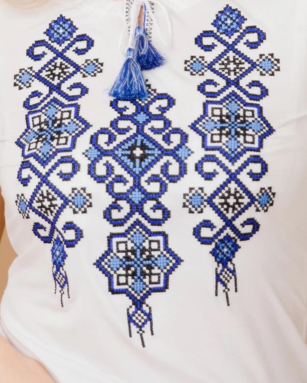 Sizes S,M,L. White folk nouveau embroidered t-shirt, bohemian short sleeve blouse with blue geometric embroidery, Ukrainian stylish ethnic fashion top