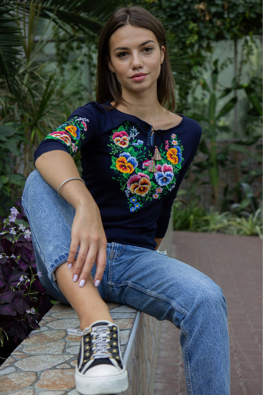 Sizes S-XXL. Navy Blue Floral Embroidered Blouse – Botanical Folk Long Sleeve Top