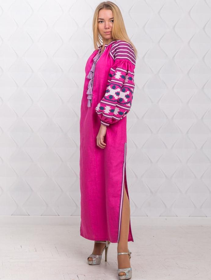 Size 4US/S! Fuchsia Linen Embroidered Dress with Tassels - Ukrainian Folk Maxi Dress