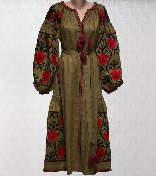 Size M! Bohemian Chic Olive Linen Embroidered Dress. Folk Style Maxi Dress with Red Floral. Handmade Ethnic Kaftan. Traditional Gypsy Abaya Dress