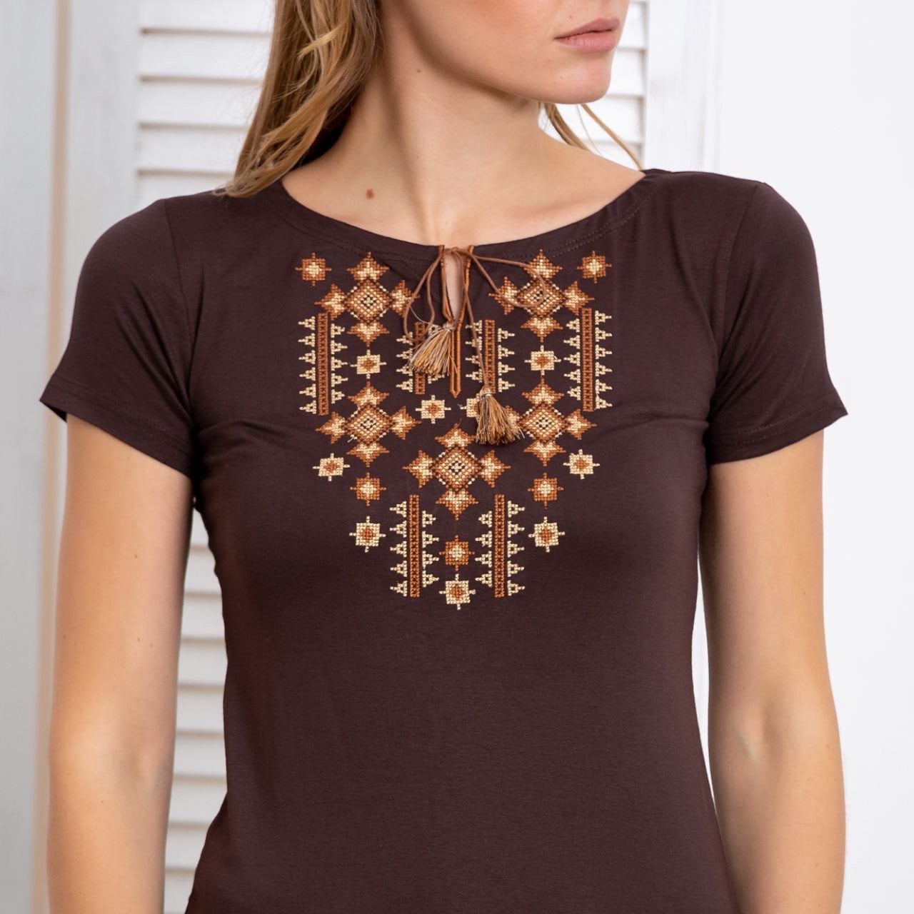 Sizes M,XXL. Brown Folk Top. Embroidered Ornament Shirt. Mexican Chic Tee. Women's Ethnic T-Shirt. Soft Boho Hippie Tee. Women's Vyshyvanka Blouse